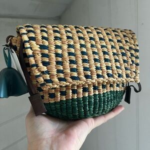 Rattan Woven Clutch Bag in Blue Green and Tan